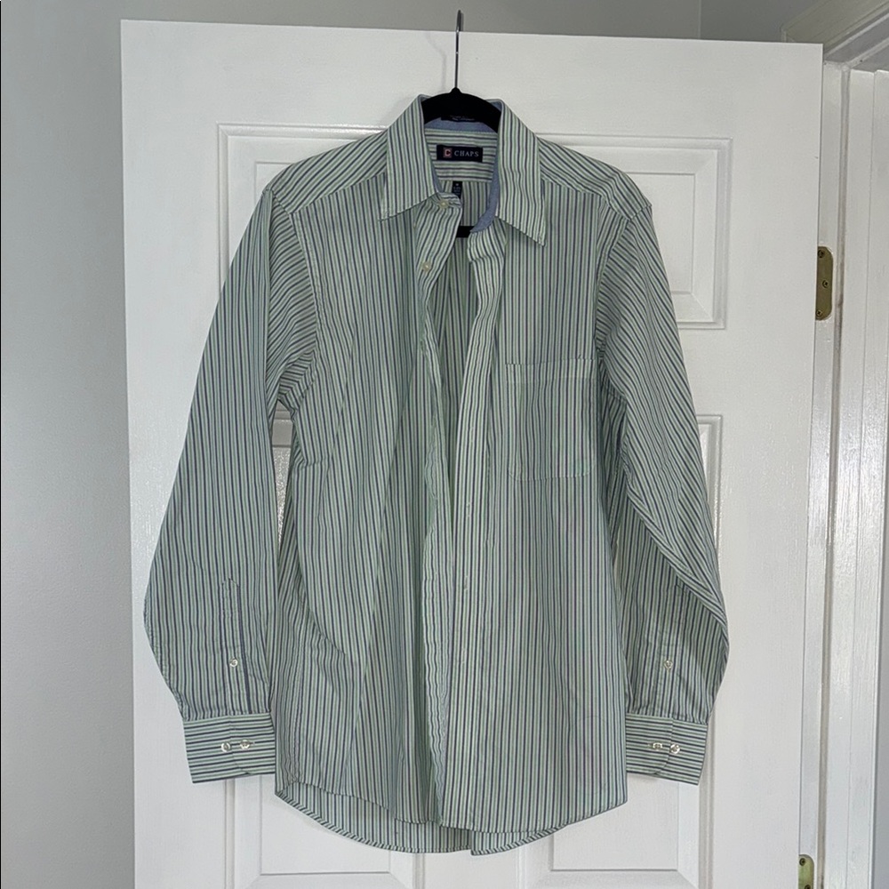 Chaps Green Casual Button Down Shirt with Stripes